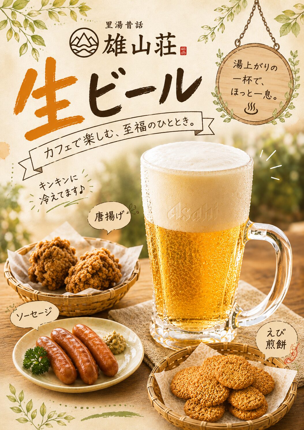 おごと温泉雄山荘の季節限定生ビール販売 唐揚げソーセージえびせんなどのおつまみも